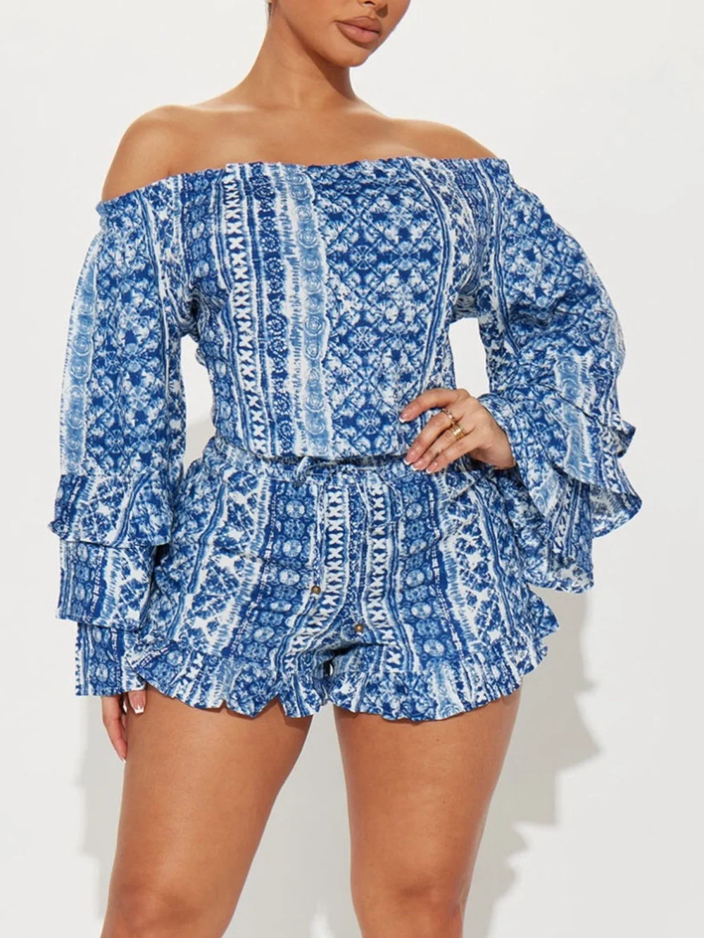 Blue Patterned Off-Shoulder Women’s Shorts Romper worn once